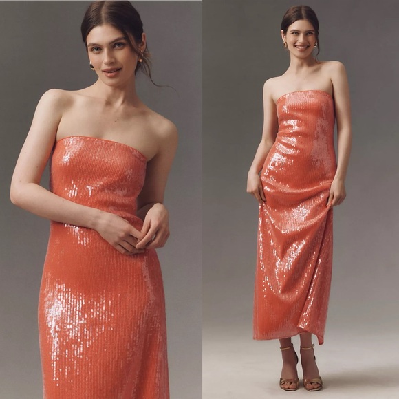 Hutch- Strapless Sequin Column Midi Dress Size Small Orange Cocktail - Picture 1 of 11